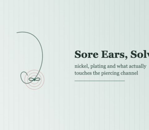 Diagram of an ear wearing a small bow stud earring with rings showing irritation around the piercing, illustrating nickel allergy and sensitive earlobes