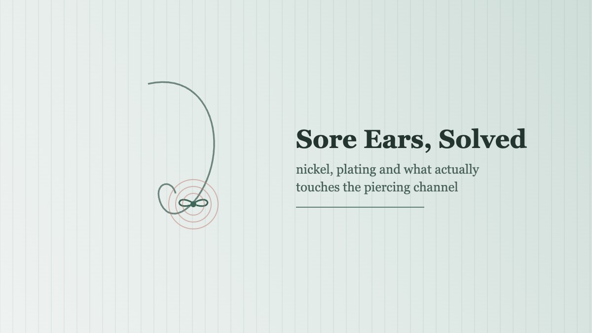 Diagram of an ear wearing a small bow stud earring with rings showing irritation around the piercing, illustrating nickel allergy and sensitive earlobes